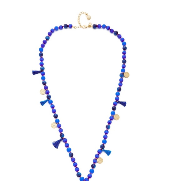Kate Spade New York Coin Pom Tassel Necklace Cobalt Blue Glass Bead Gold - Picture 2 of 8